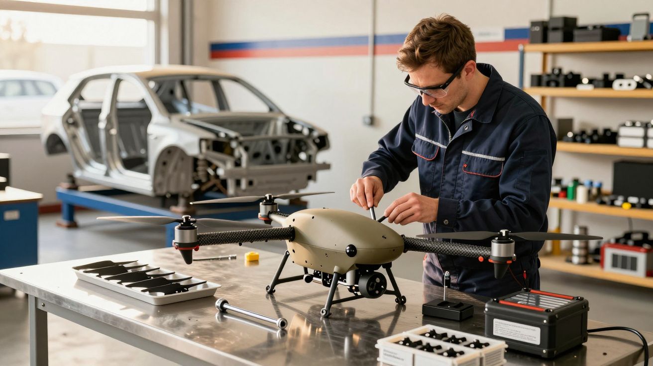 Mężczyzna w warsztacie montuje drona na stole, obok niego rama samochodu, w tle półki z częściami.