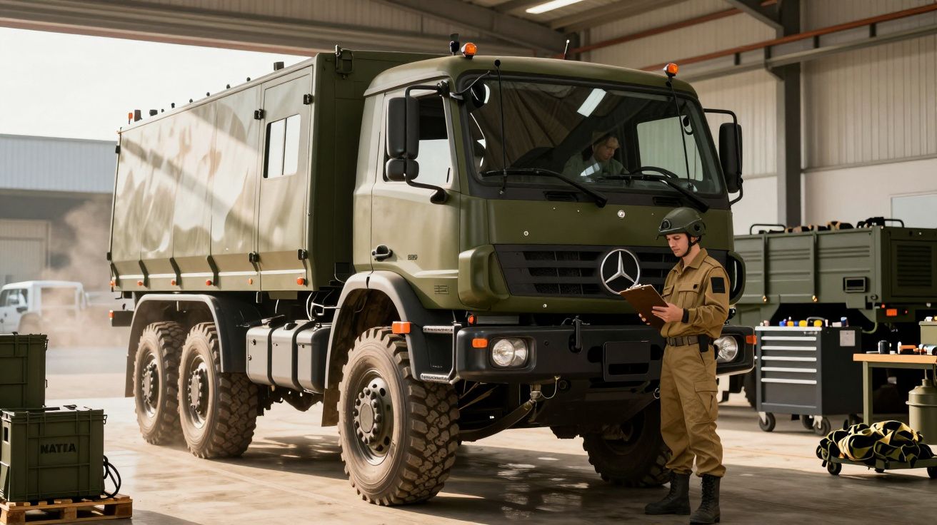 Żołnierz w mundurze sprawdza wojskową ciężarówkę w hangarze.