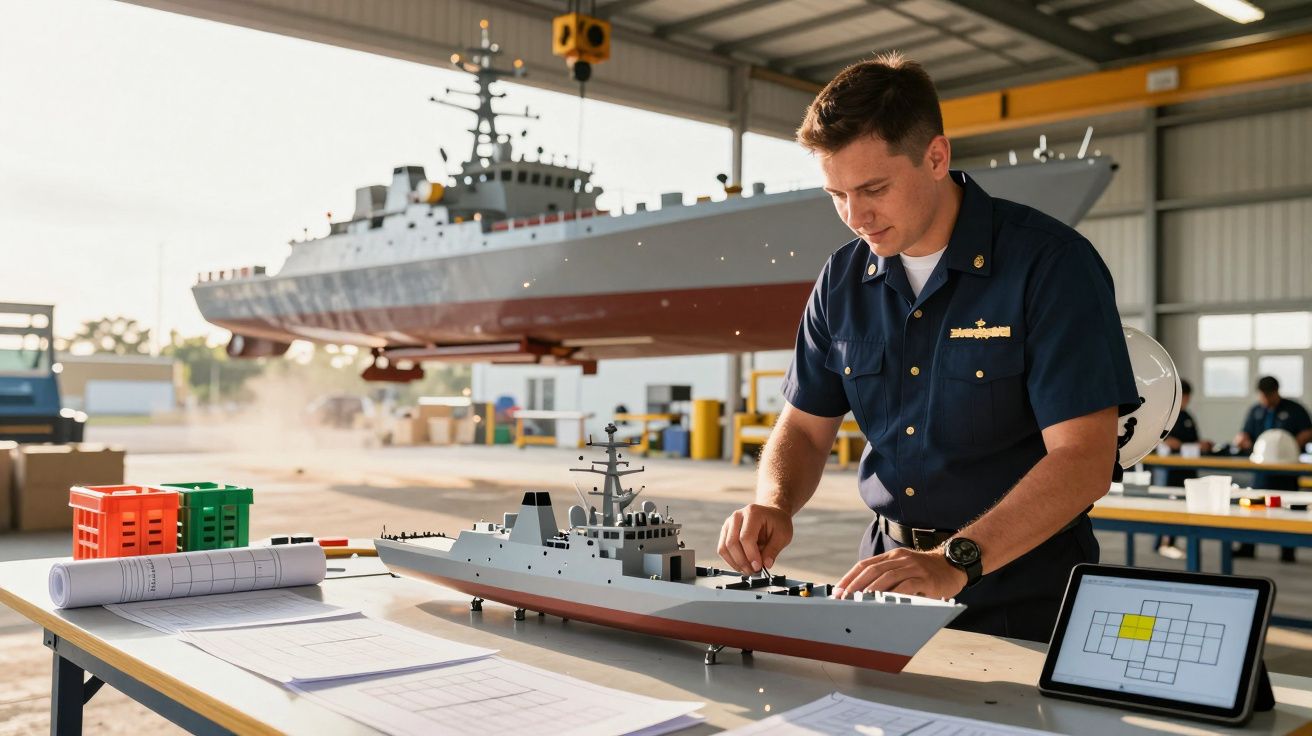 Mężczyzna w uniformie pracuje nad modelem statku w stoczni. W tle rzeczywisty statek i sprzęt.