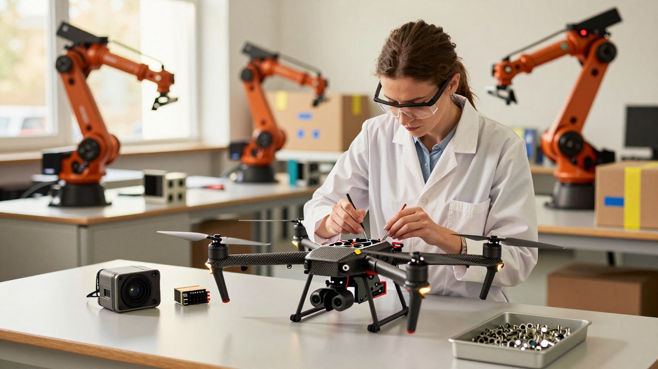 Inżynierka naprawiająca drona w laboratorium z ramionami robotów w tle.