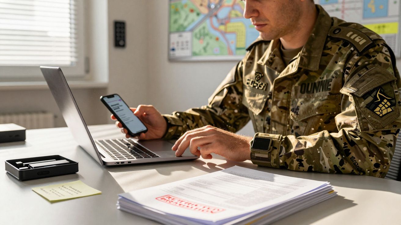 Żołnierz w mundurze przy biurku z laptopem i telefonem, na stole leżą dokumenty i mapa na ścianie.