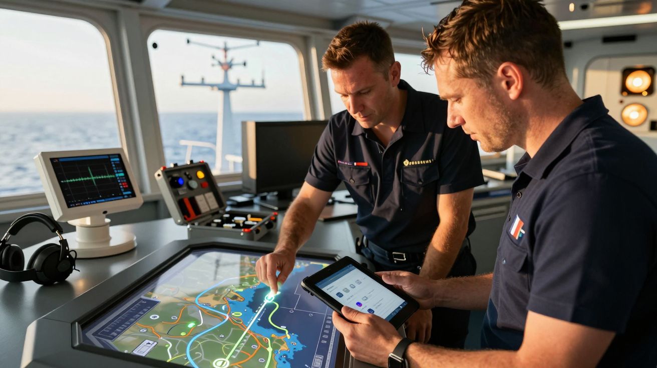 Dwóch mężczyzn w mundurach nawigacyjnych na mostku statku, korzystających z dotykowego ekranu do planowania trasy.