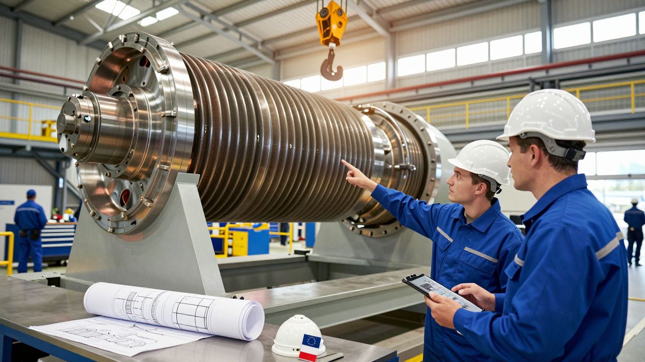 Pracownicy w kaskach w hali fabrycznej analizują duży metalowy cylinder i plany techniczne.