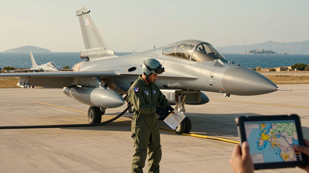 Myśliwiec stoi na pasie startowym, obok pilot w hełmie trzyma mapę, na pierwszym planie tablet z mapą.