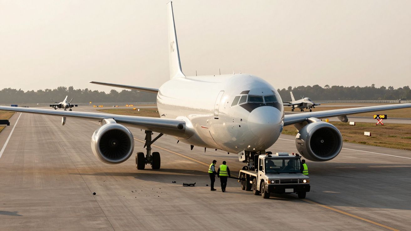 Samolot na pasie startowym, holowany przez pojazd, z dwoma osobami w kamizelkach odblaskowych obok.