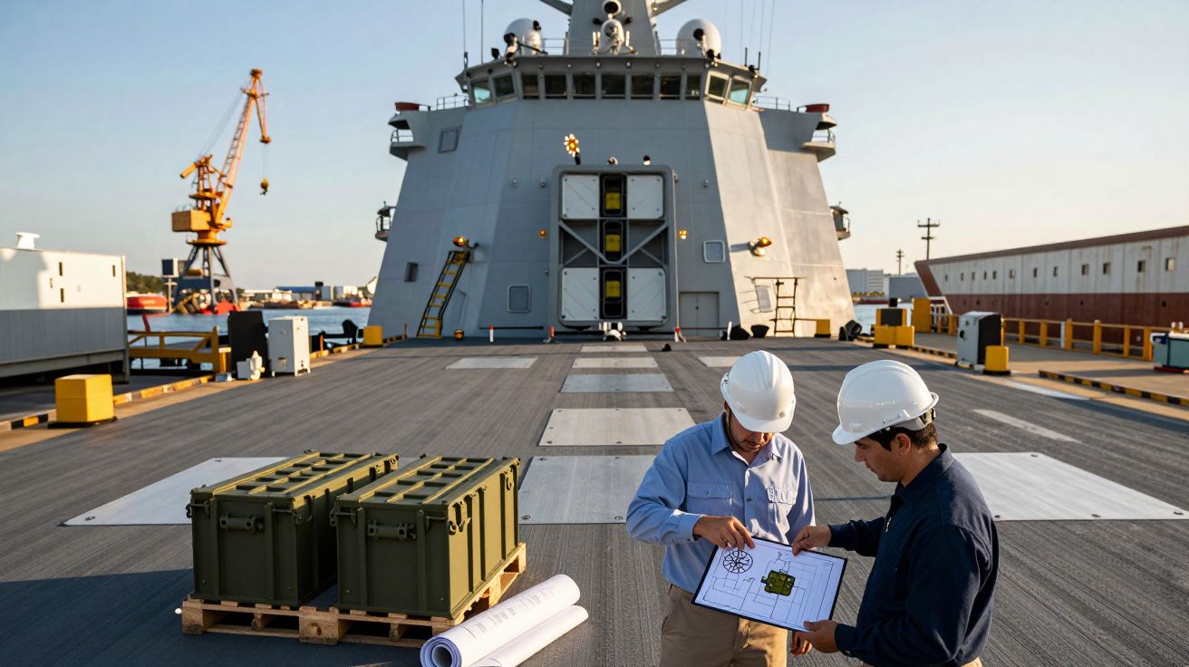 Dwóch mężczyzn w kaskach na pokładzie statku analizuje plany, na tle widoczny żuraw portowy i wyposażenie statku.