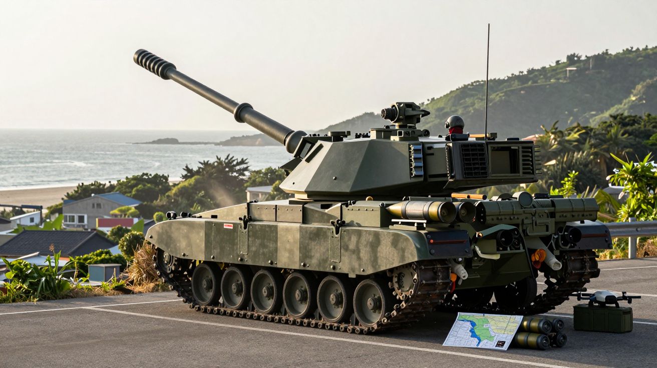 Model czołgu na parkingu nad morzem, obok mapa i sprzęt wojskowy.