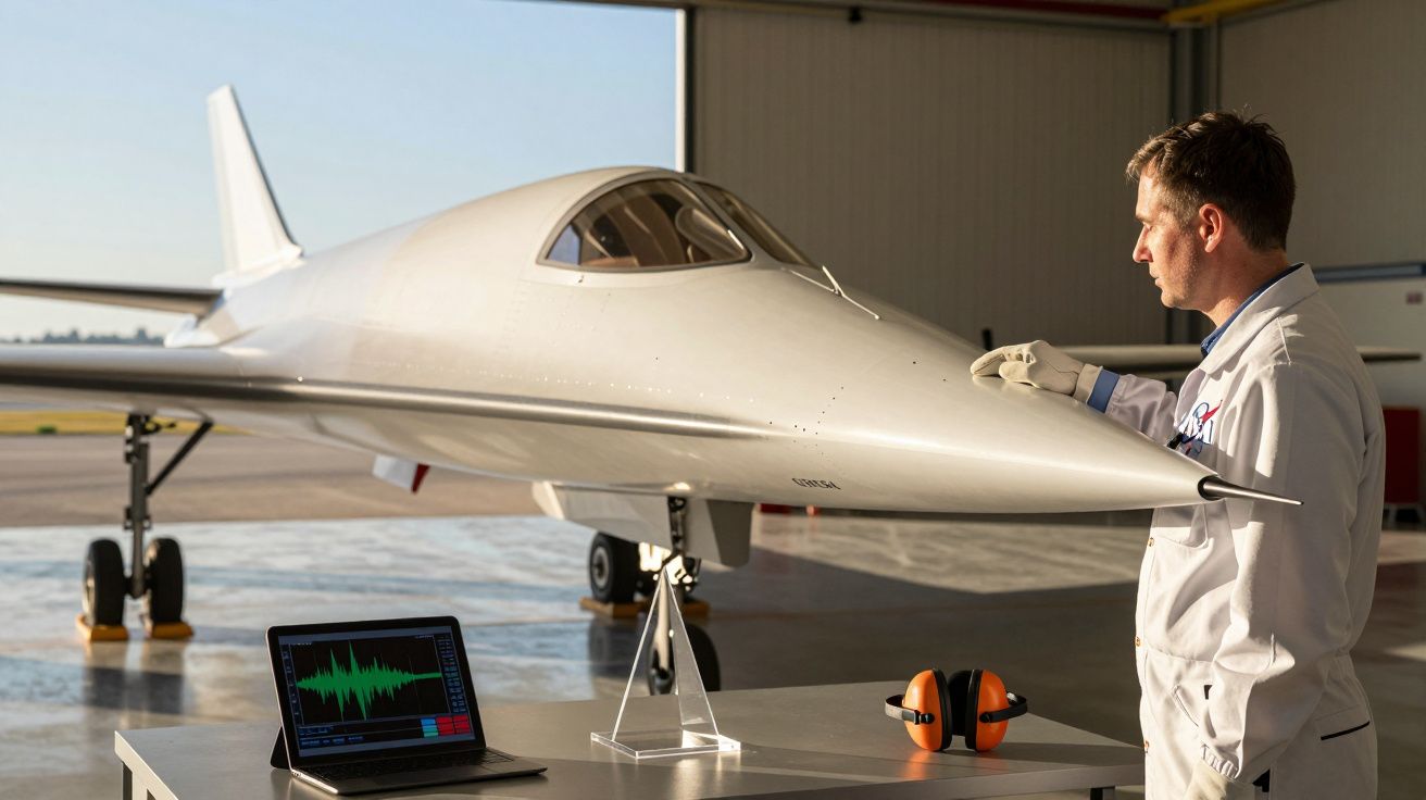 Mężczyzna w białym fartuchu bada model samolotu odrzutowego w hangarze, obok laptop i ochronniki słuchu.