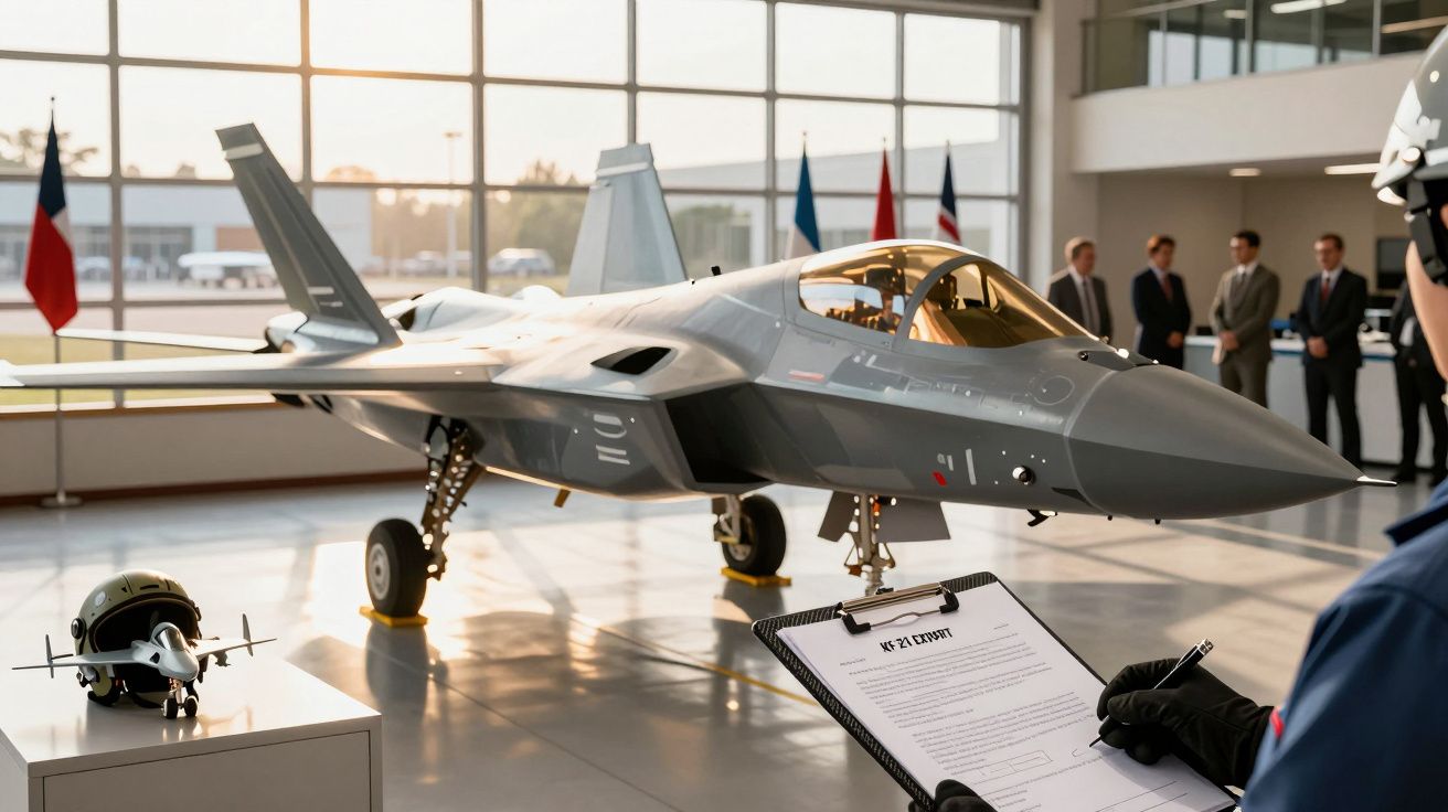 Myśliwiec odrzutowy w hangarze, obok osoby z formularzem, w tle grupka ludzi i flagi państwowe.