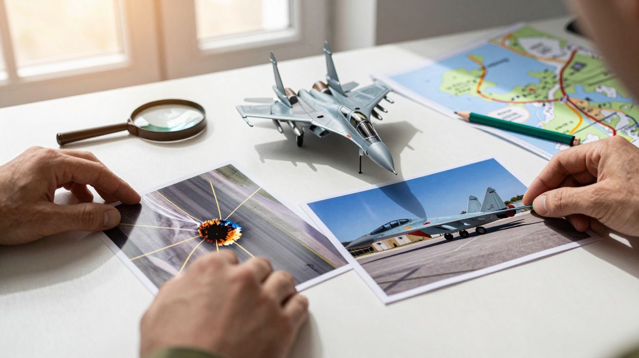 Osoba przeglądająca zdjęcia modelu samolotu i tarczy strzeleckiej na biurku z mapą i lupą.