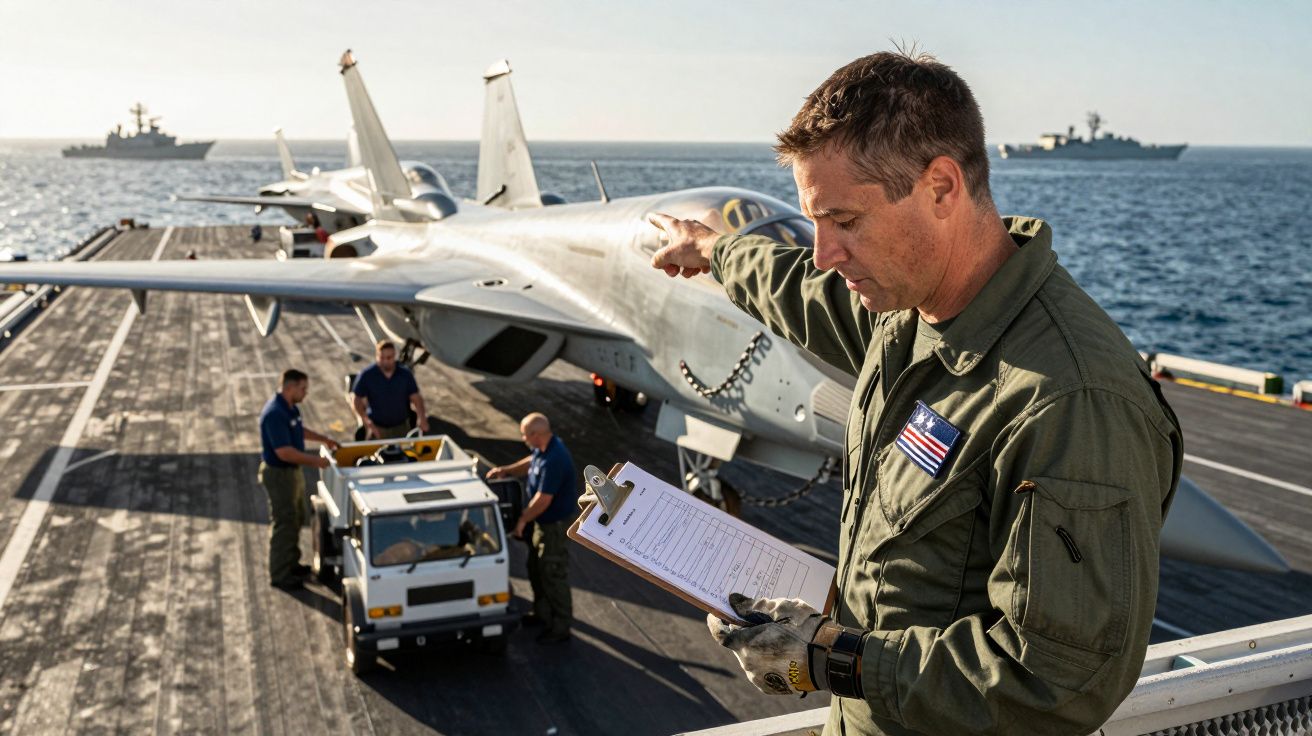 Mężczyzna w mundurze na pokładzie lotniskowca sprawdza dokumenty, w tle samolot i pracująca załoga.