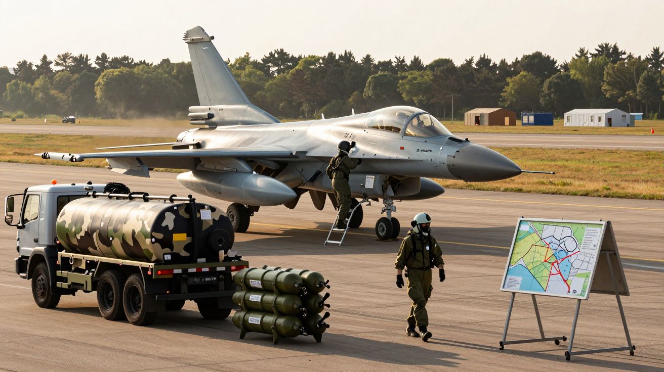 Samolot myśliwski na pasie startowym, obok cysterna wojskowa i tablica z mapą.