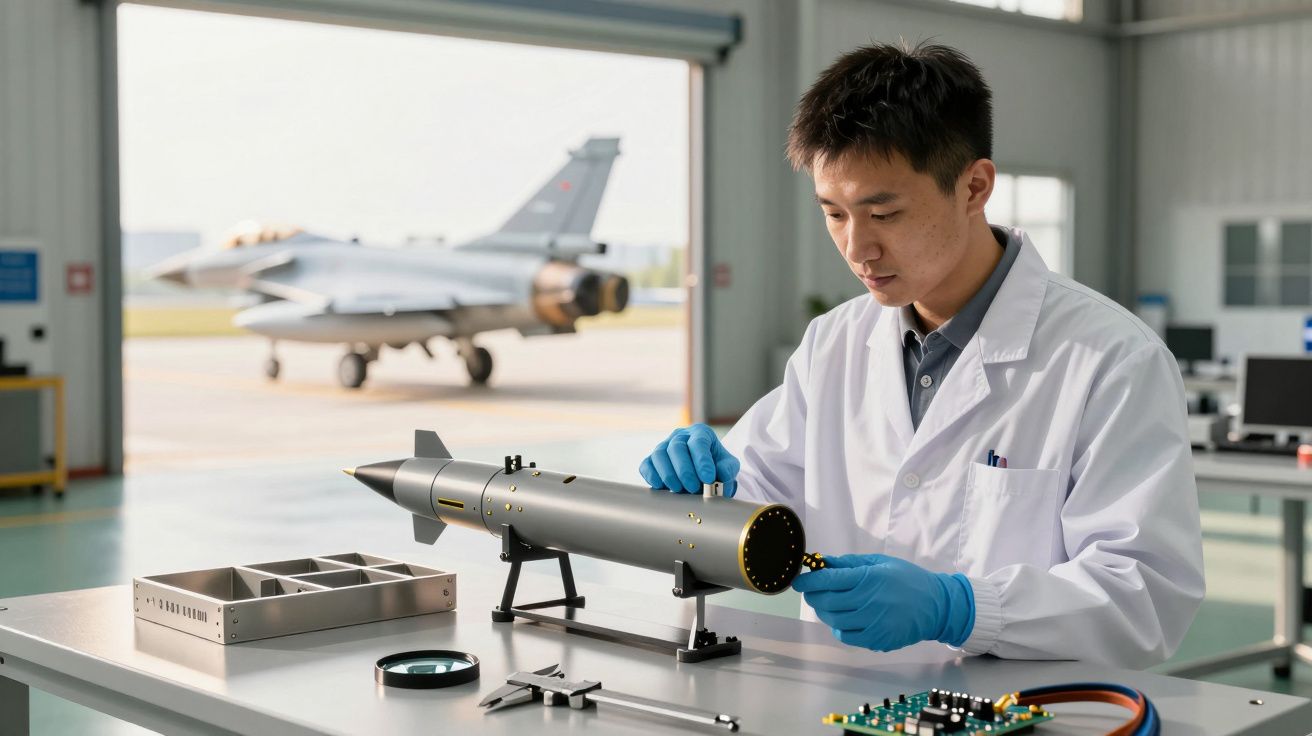 Mężczyzna w laboratorium pracuje nad urządzeniem technologicznym, w tle widoczny myśliwiec na lotnisku.