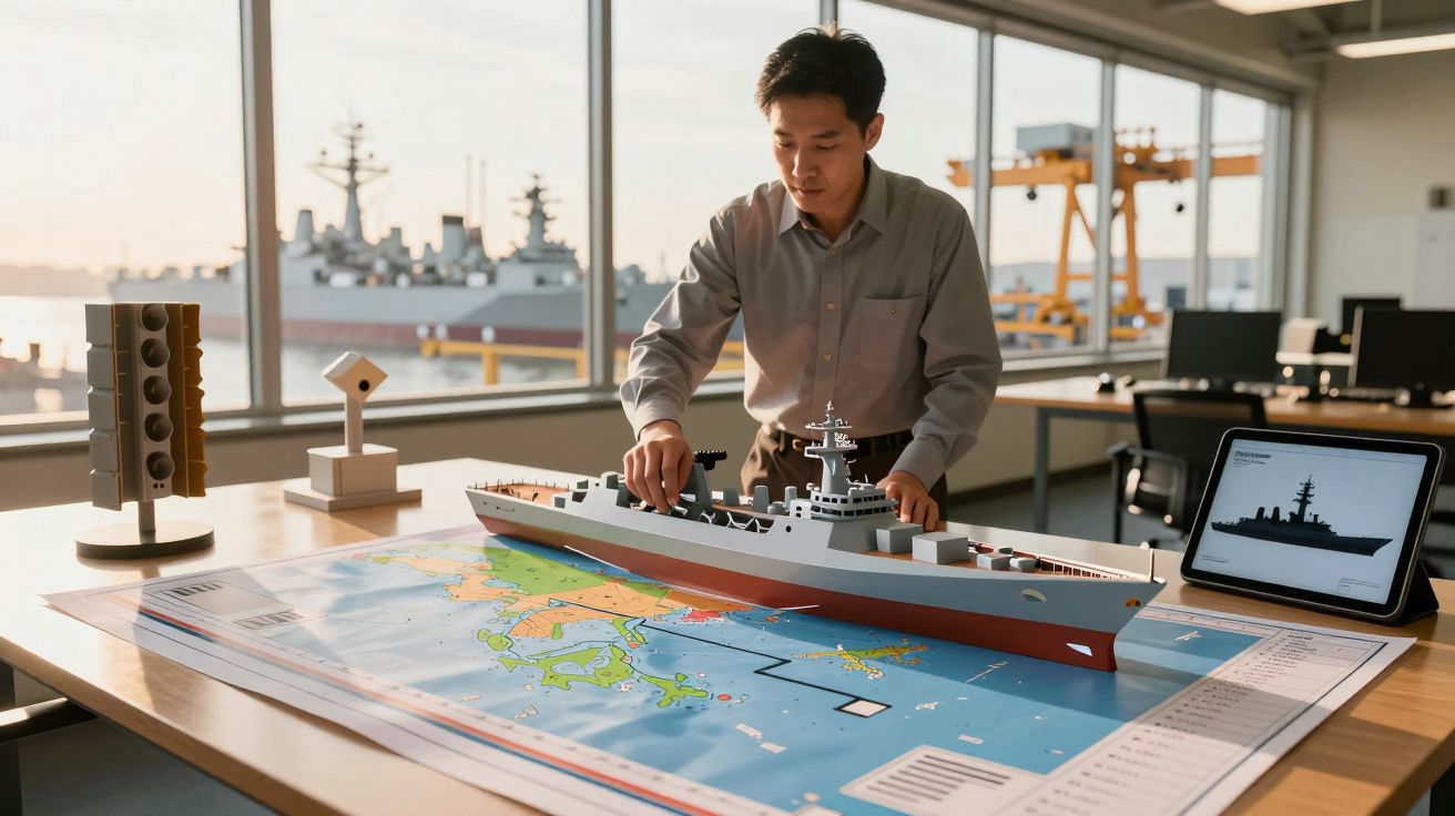 Mężczyzna w biurze manipulujący modelem statku na mapie morskiej, otoczony komputerami i makietami.