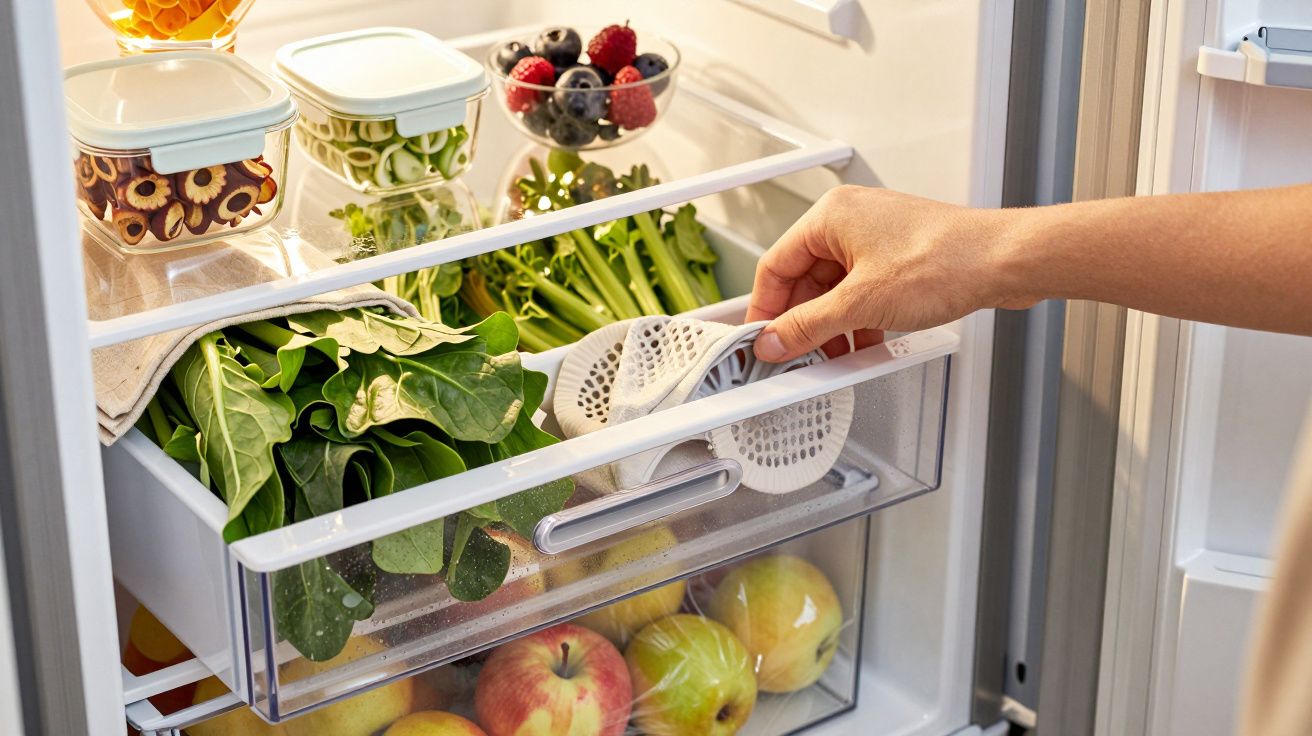 Ręka otwierająca szufladę w lodówce pełnej zielonych warzyw, z owocami i pojemnikami na górnych półkach.