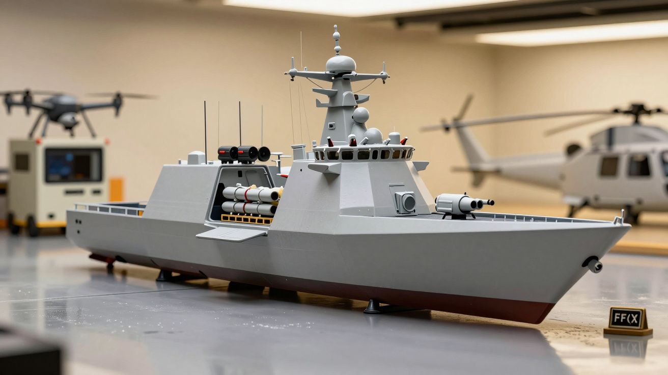 Model statku wojennego na wystawie, w tle śmigłowiec i dron.