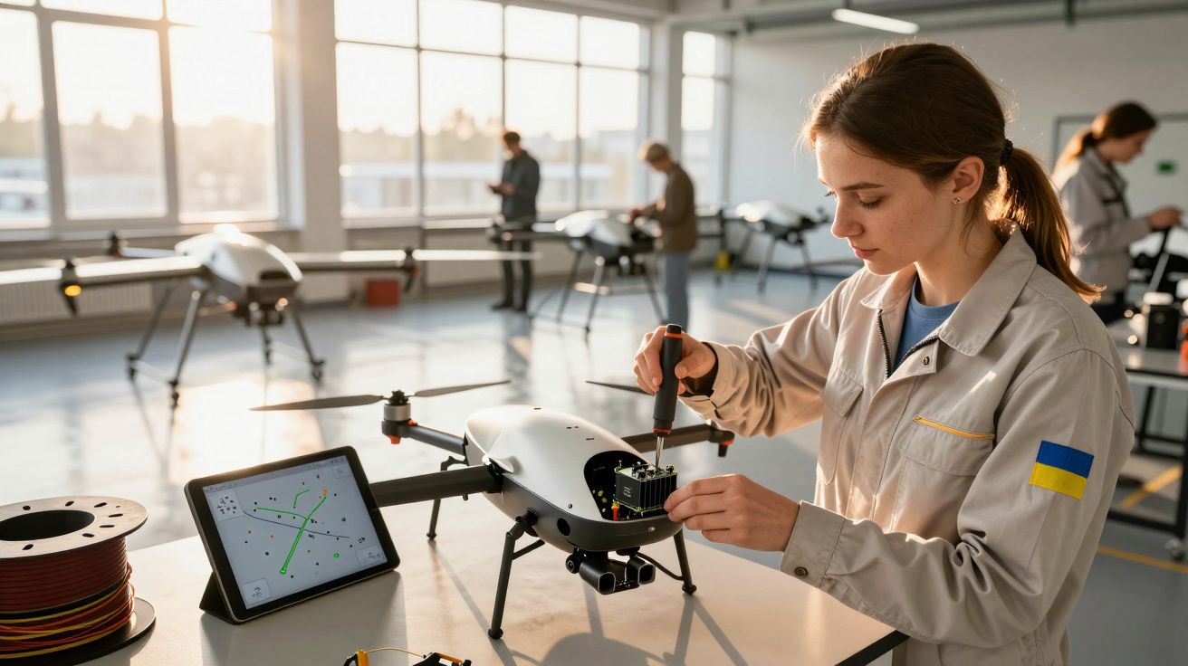 Kobieta w warsztacie naprawia drona na stanowisku, obok tablet z planem trasy. W tle kilka innych osób.