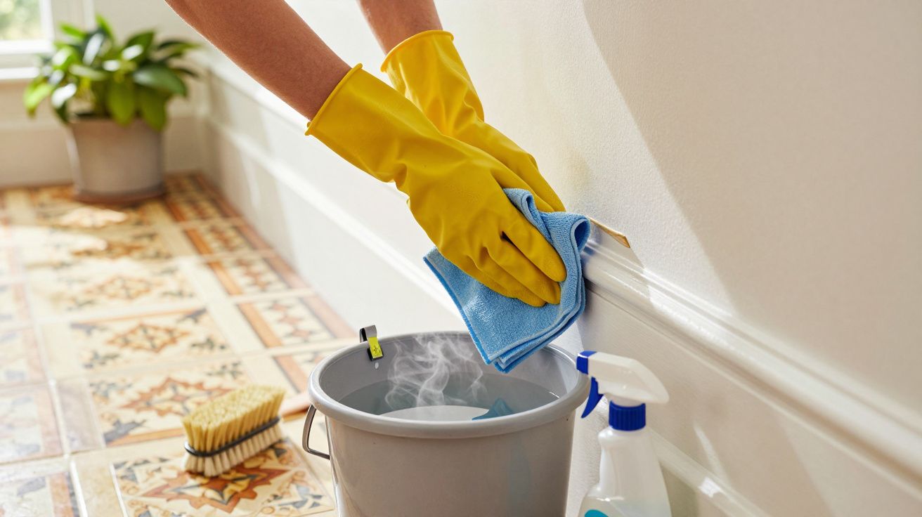 Osoba w żółtych rękawicach czyści ścianę niebieską ściereczką. Na podłodze wiadro, szczotka i spray.