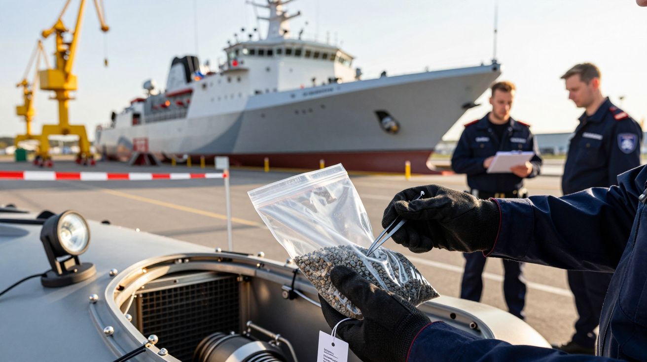 Mężczyzna w rękawicach analizuje próbkę w porcie, w tle duży statek i dwie osoby.