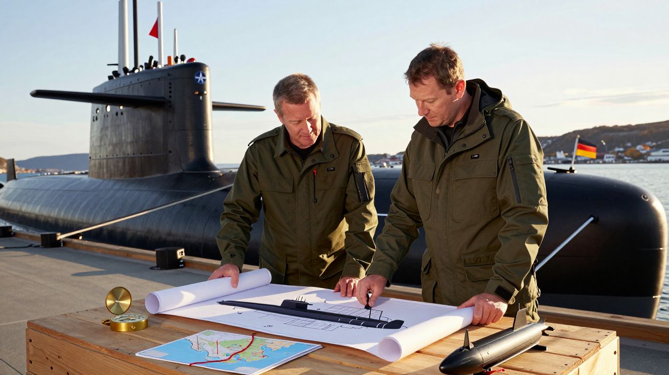 Dwóch mężczyzn w kurtkach wojskowych analizujących plany przed okrętem podwodnym przy nabrzeżu.