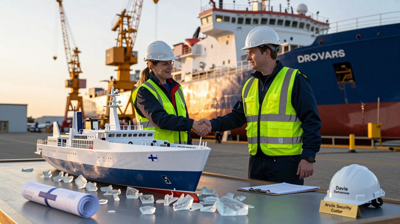 Dwóch pracowników w kaskach i odblaskowych kamizelkach ściska dłonie przy stole z modelem statku i planami.