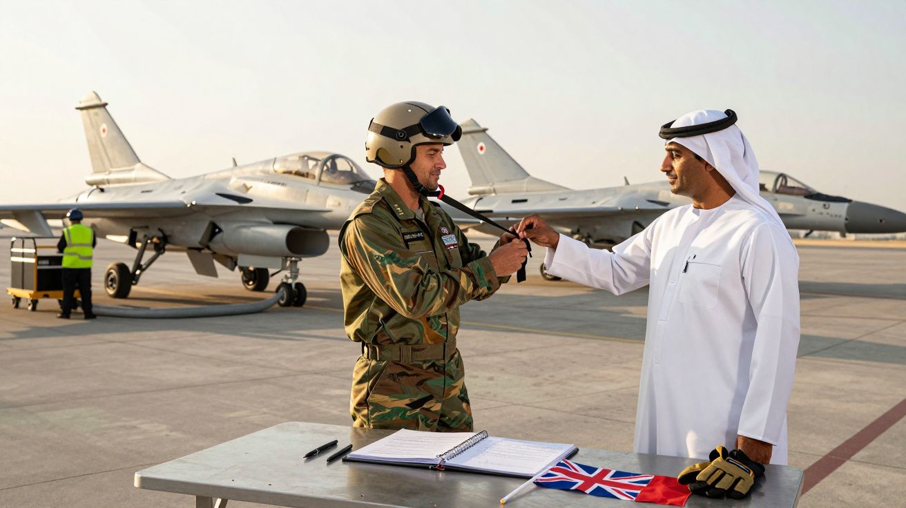 Żołnierz w mundurze wojskowym i kasku podaje rękę mężczyźnie w tradycyjnym stroju arabskim. W tle myśliwce.