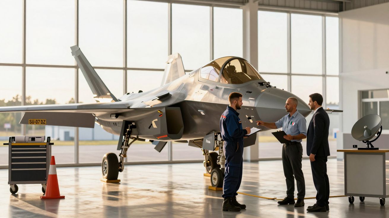 Trzech mężczyzn rozmawia przed nowoczesnym myśliwcem w hangarze lotniczym.