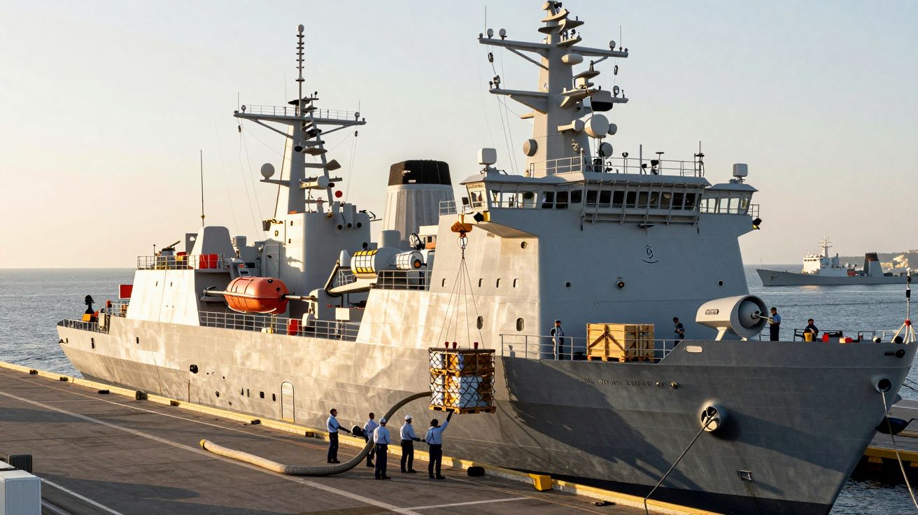 Okręt wojenny zacumowany w porcie, kilku marynarzy obsługuje załadunek poprzez dźwig na pokładzie.