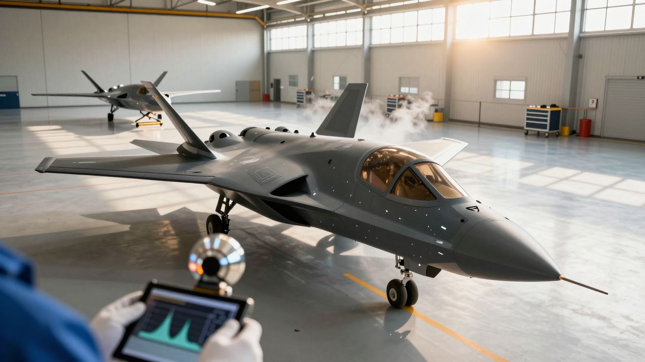 Dwa nowoczesne odrzutowce w hangarze, jeden z pilotem obsługującym kontroler.