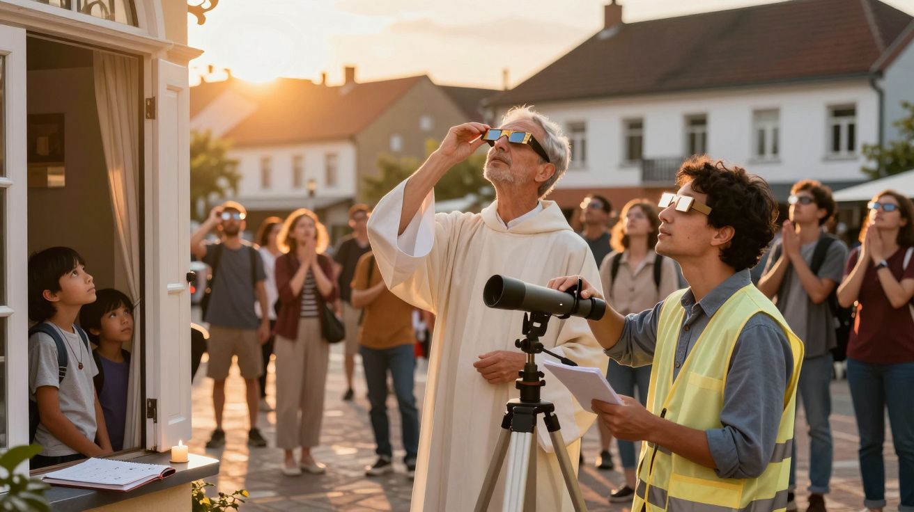 Ludzie oglądają zaćmienie słońca przez specjalne okulary, przy teleskopie na ulicy o zachodzie słońca.