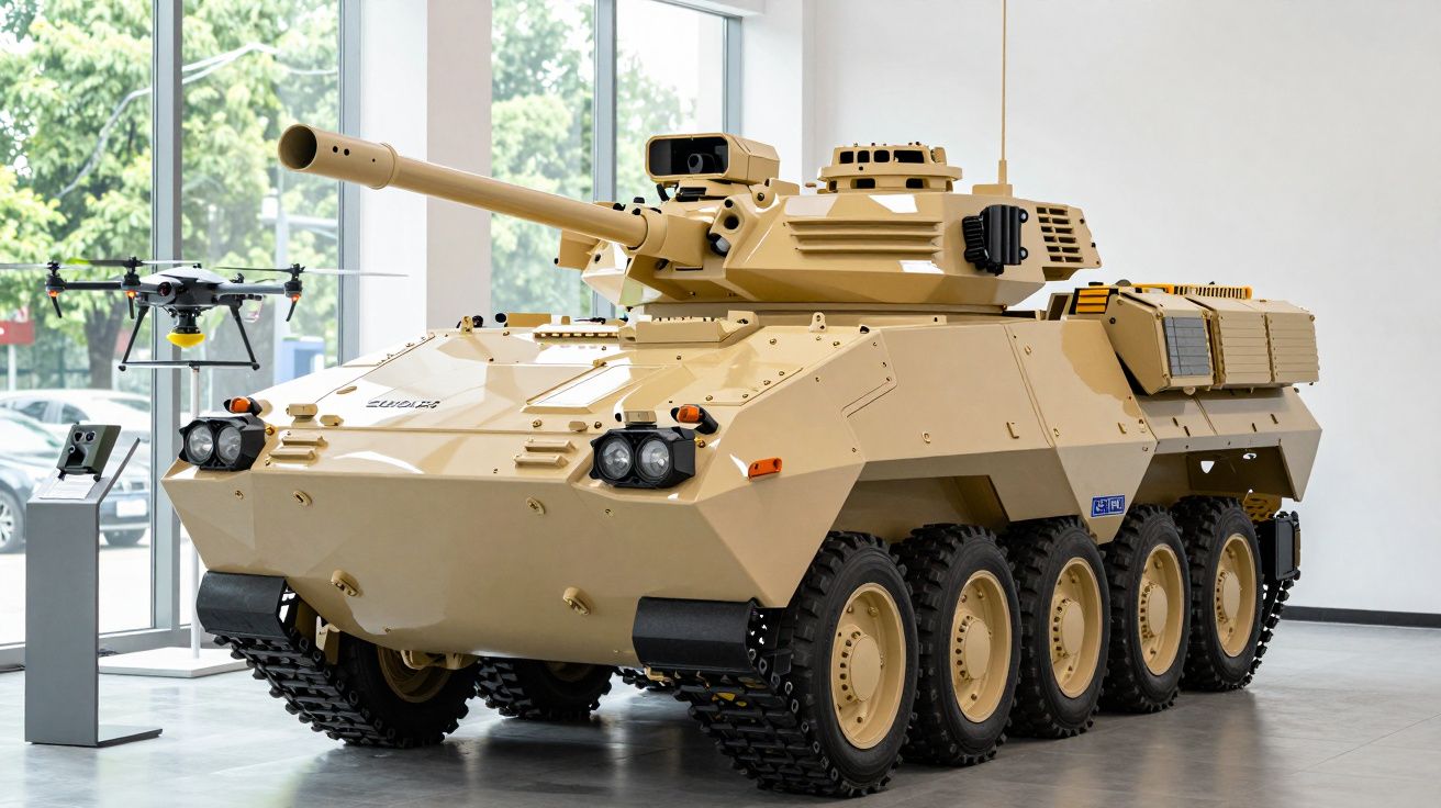 Pojazd opancerzony w kolorze piaskowym z dużym działem, stojący w jasnym pomieszczeniu obok drona na stojaku.