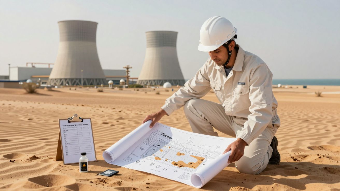 Inżynier na pustyni ogląda plan budowy elektrowni, w tle chłodnie kominowe.