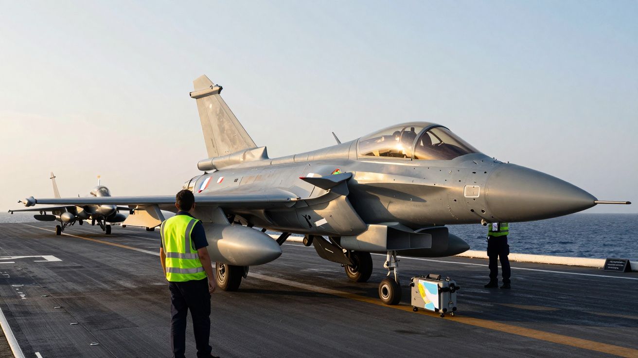 Samolot wojskowy na lotniskowcu. Dwóch techników w kamizelkach odblaskowych przy samolocie.