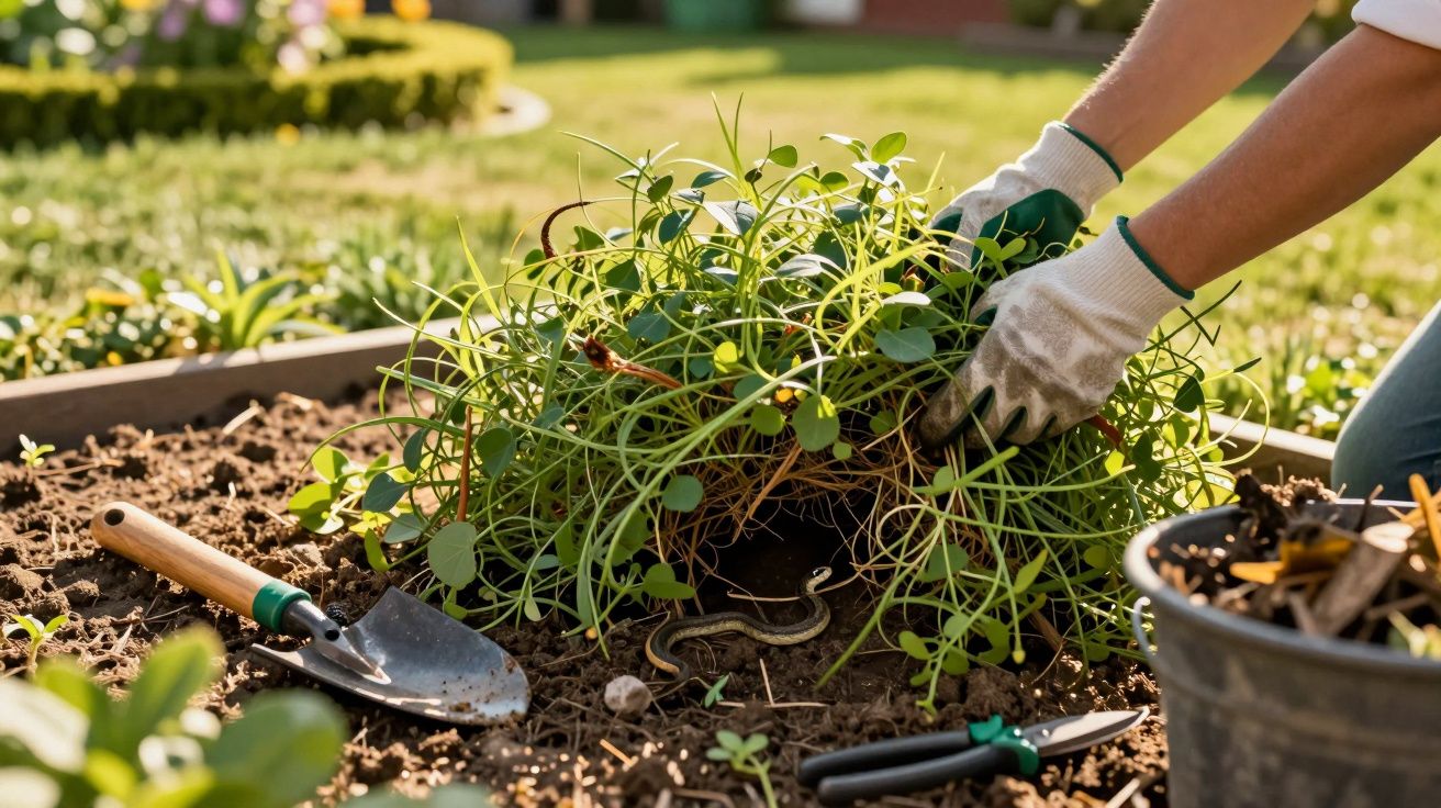 Osoba w rękawiczkach wyrywa chwasty w ogrodzie. Obok leżą narzędzia ogrodnicze i wiadro z gałęziami.