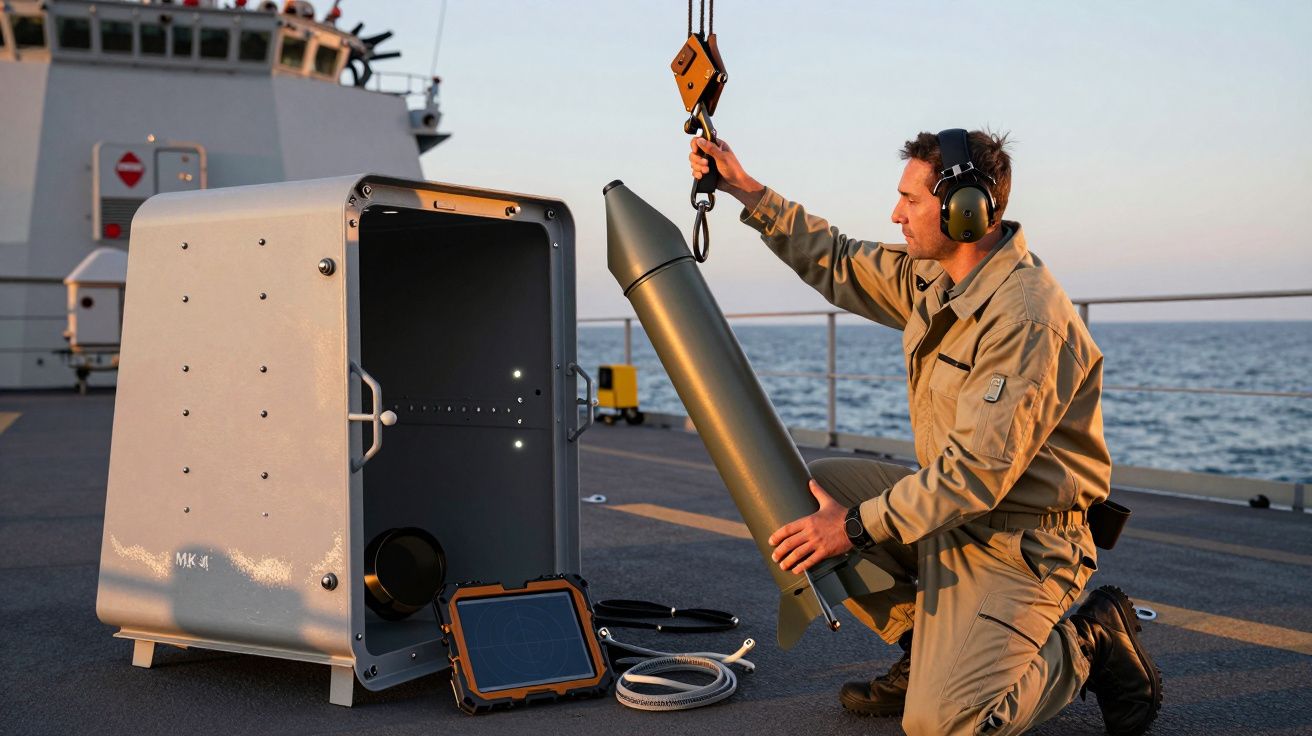 Mężczyzna w uniformie na pokładzie statku obsługuje urządzenie wojskowe obok morza, używając panelu sterowania.
