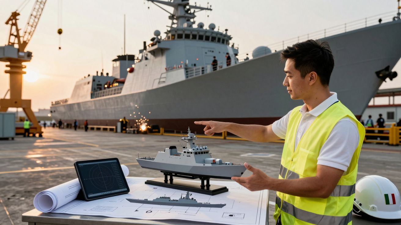 Mężczyzna w kamizelce odblaskowej pokazuje model statku obok planów i tabletu, w tle stoi duży okręt.