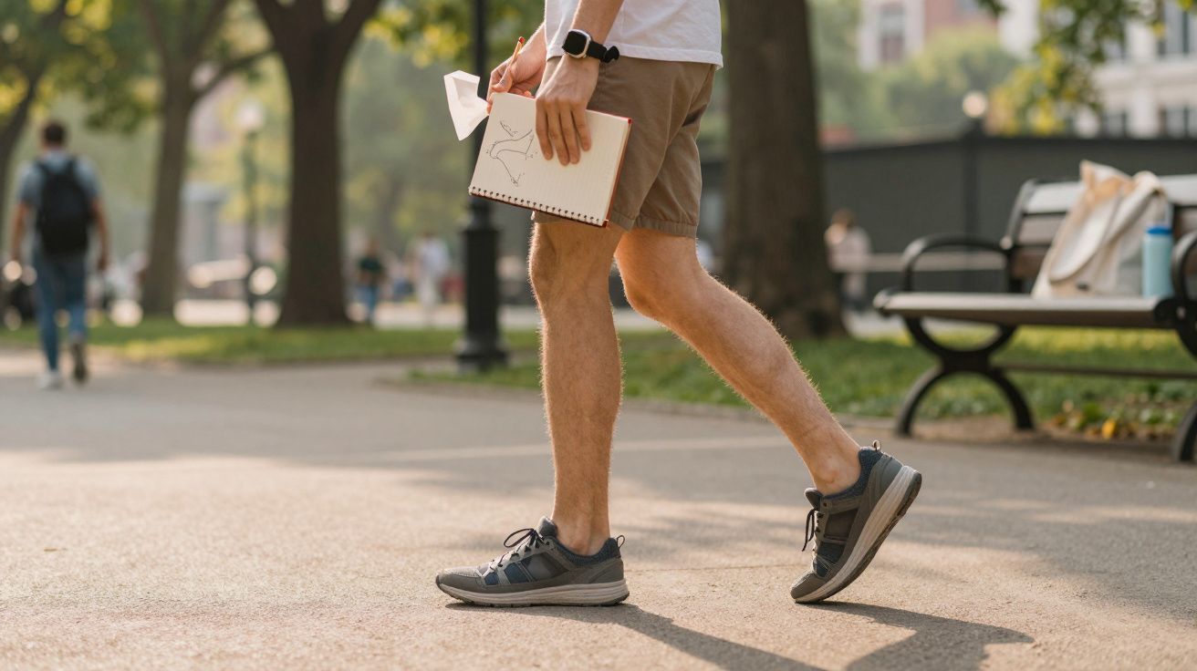 Mężczyzna spaceruje po parku, trzymając zeszyt i maseczkę w ręku. Jest ubrany w szorty i sportowe buty.