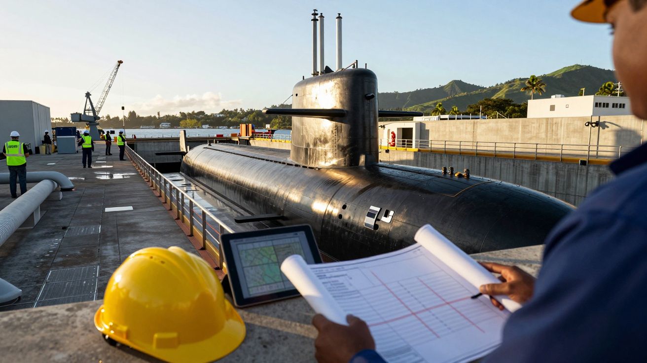 Osoba z planami i tabletem patrzy na łódź podwodną w doku. W tle widoczne są osoby i zielone wzgórza.