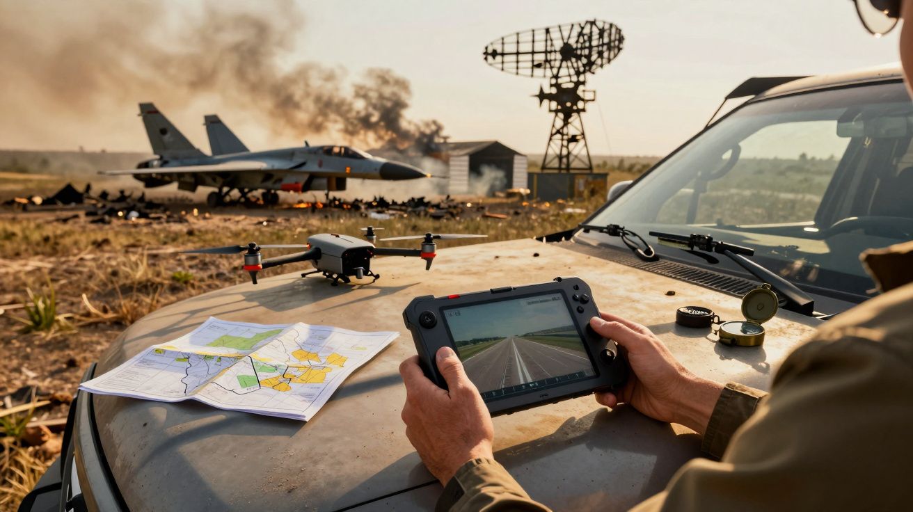 Mężczyzna obsługujący drona nad wojskowym lotniskiem z samolotem, mapą i radarem w tle.