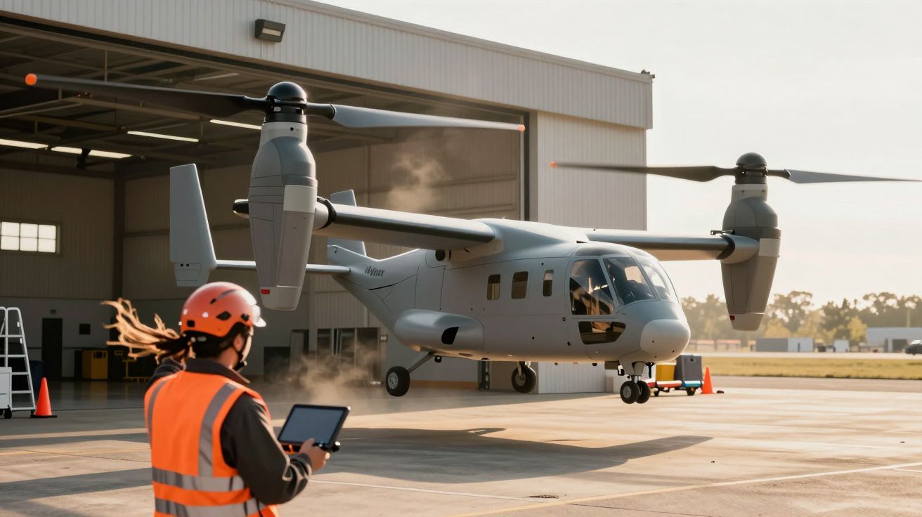 Samolot pionowego startu i lądowania startujący z hangaru, operator w pomarańczowej kamizelce i kasku trzyma tablet.