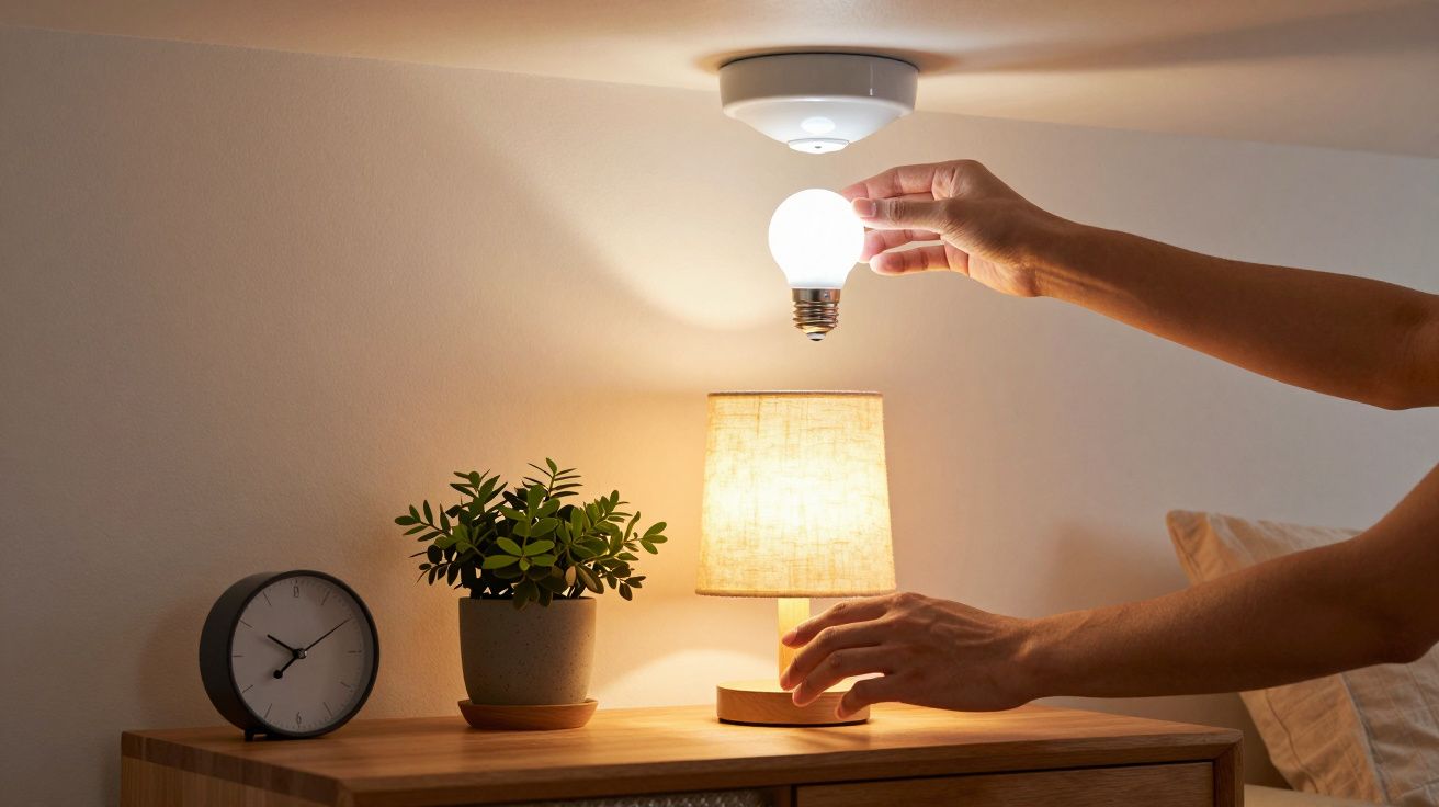 Osoba wymieniająca żarówkę sufitową nad stolikiem z lampką, budzikiem i rośliną.