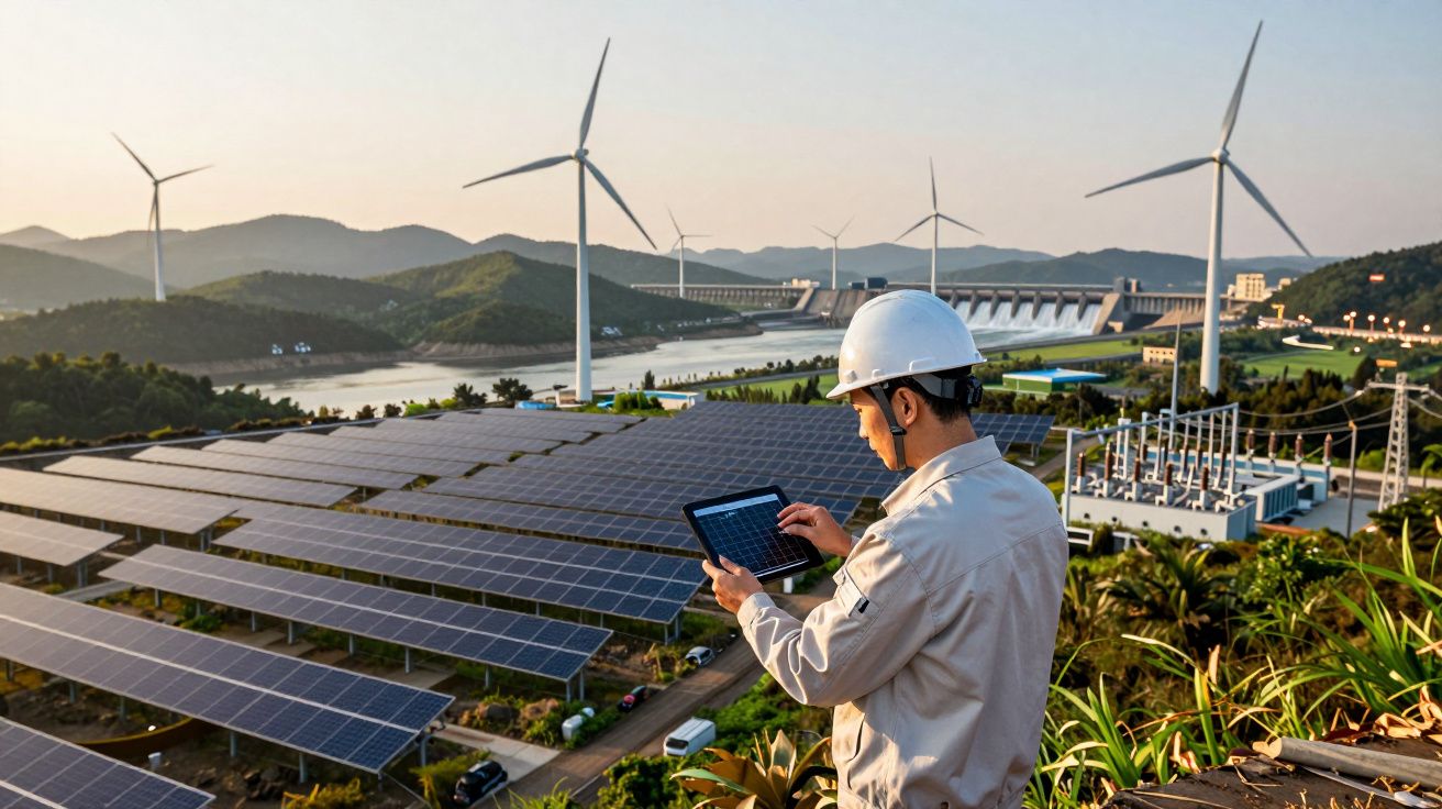 Inżynier z tabletem na tle paneli słonecznych i turbin wiatrowych w krajobrazie górskim.