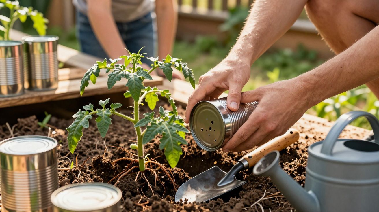 Osoba podlewa sadzonkę pomidora w ogrodzie przy użyciu puszki, obok leży konewka i łopatka.