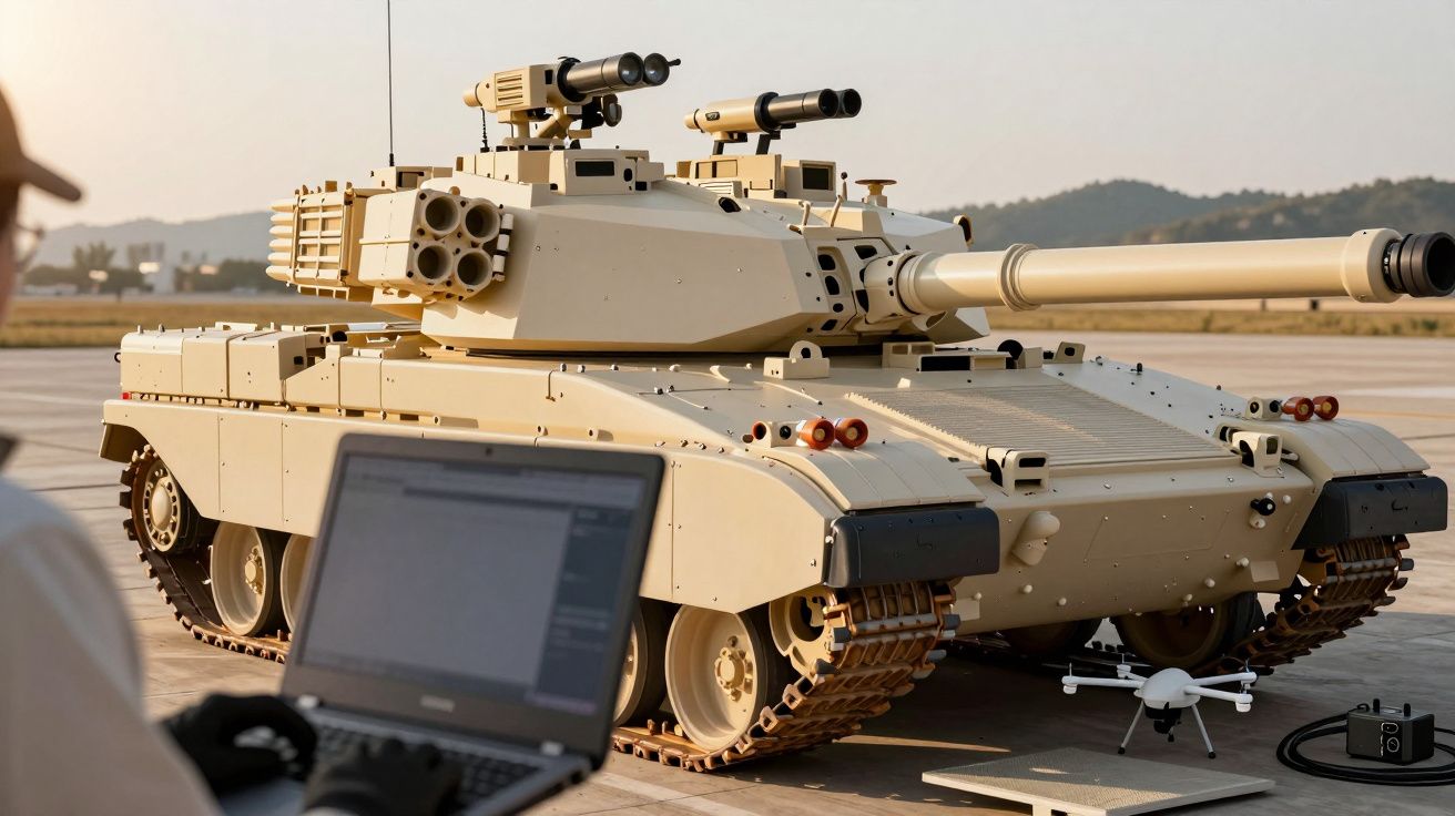 Osoba z laptopem kontroluje nowoczesny czołg na placu manewrowym z dronem obok.