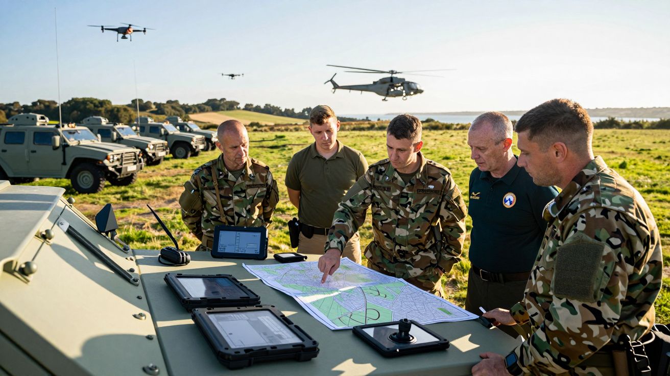 Żołnierze w mundurach wojskowych analizują mapę na zewnątrz, w tle helikopter i pojazdy wojskowe.