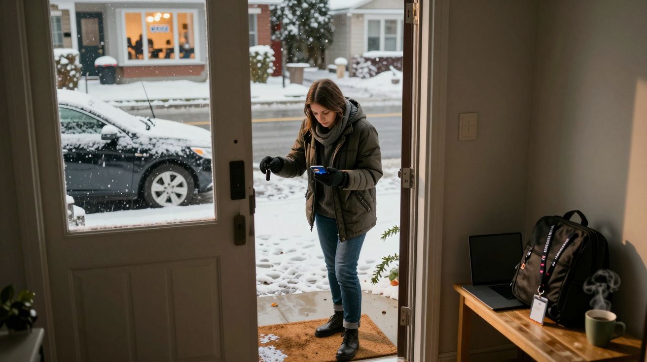 Kobieta wchodzi do domu w zimowy dzień, trzymając telefon. Na zewnątrz śnieg i zaparkowany samochód.