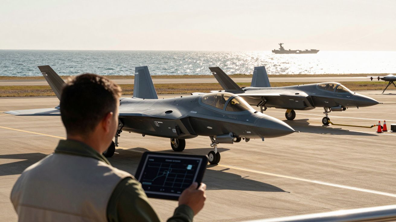 Dwa myśliwce na pasie startowym, osoba z tabletem w tle morze i lotniskowiec.