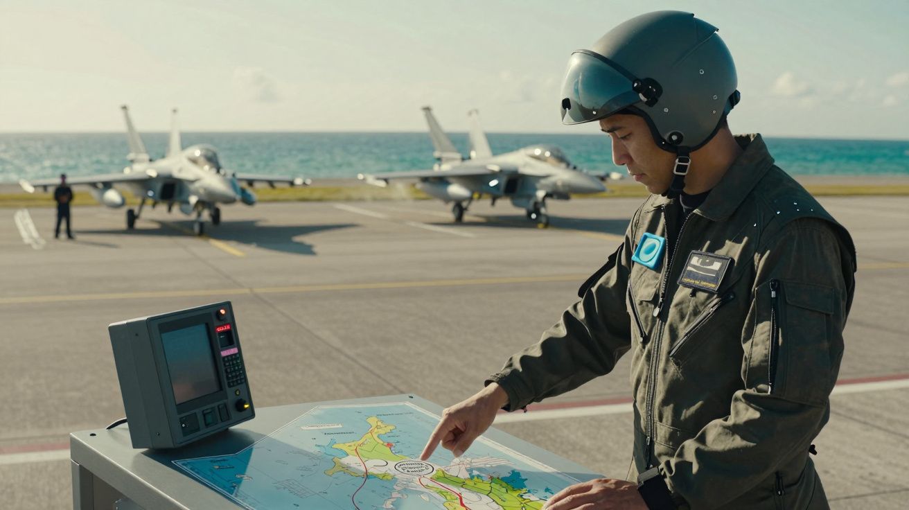 Pilot w hełmie wskazuje na mapę na stole, w tle dwa myśliwce na pasie startowym przy morzu.