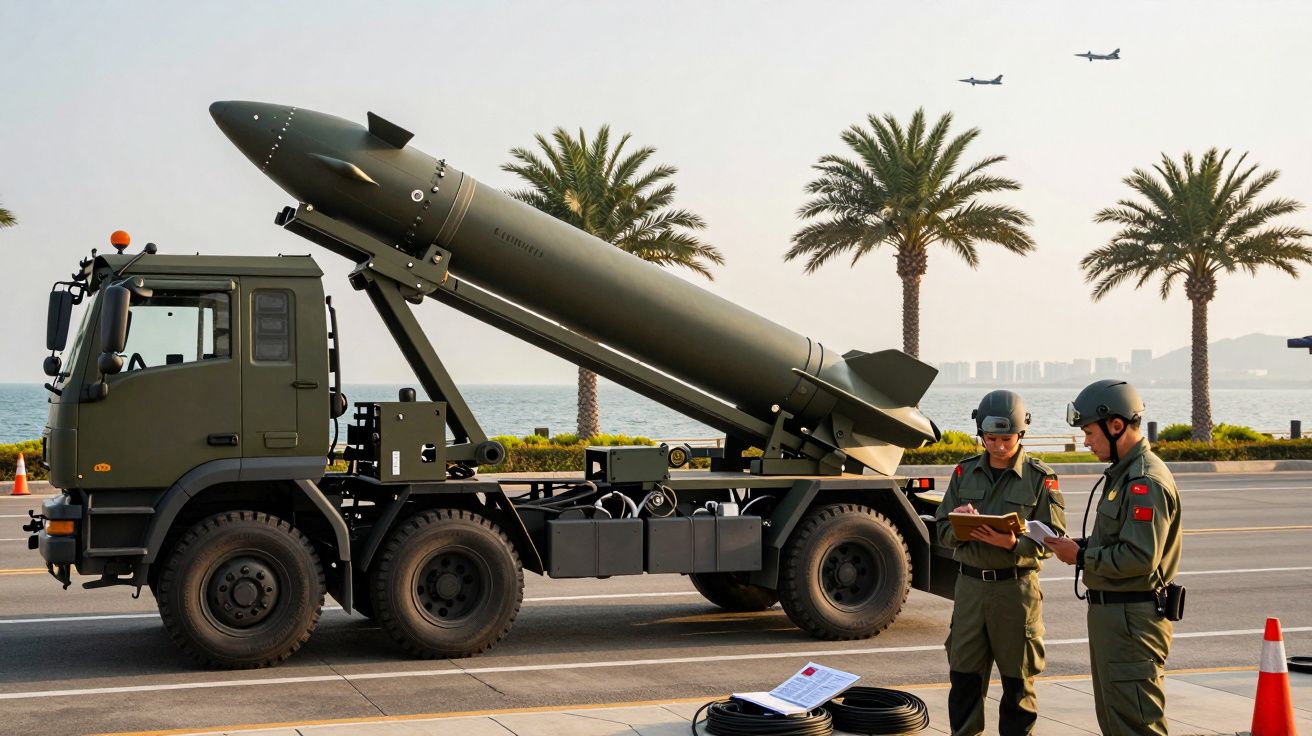 Ciężarówka wojskowa z zamontowanym pociskiem przy nadmorskiej drodze, dwóch żołnierzy w hełmach obok.