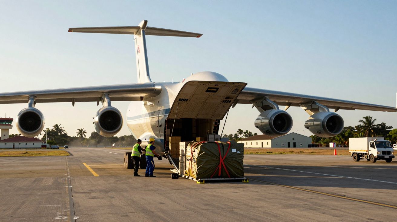 Samolot transportowy na pasie lotniska, załadunek ładunku przez pracowników.